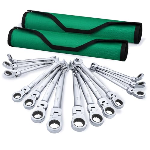 SK Flex Head Ratcheting Wrench Set, SAE 3/8"-3/4", Metric 10-19mm, 14-Piece | Ratchet Wrenches Set 72-Tooth, Combination Wrench Set, Chamfered Head Design, Premium CR-V Steel, Roll-Up Pouch - size: METRIC&SAE