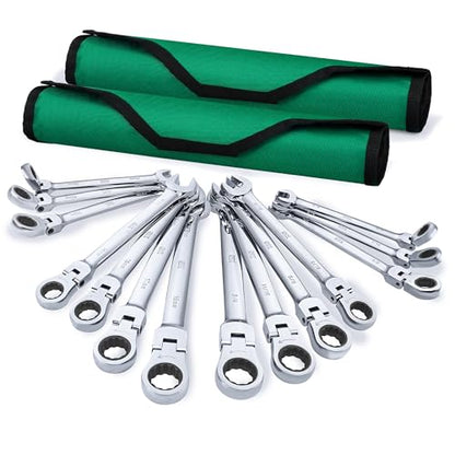 SK Flex Head Ratcheting Wrench Set, SAE 3/8"-3/4", Metric 10-19mm, 14-Piece | Ratchet Wrenches Set 72-Tooth, Combination Wrench Set, Chamfered Head Design, Premium CR-V Steel, Roll-Up Pouch - size: METRIC&SAE