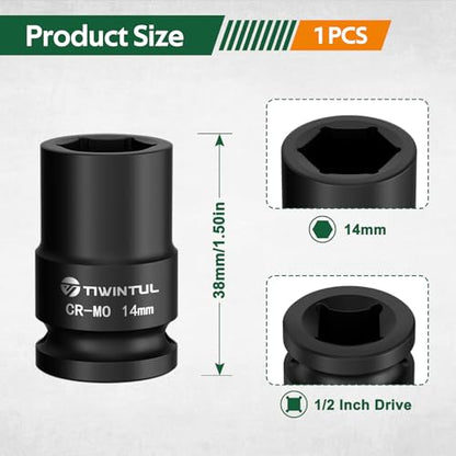 14mm Shallow Impact Socket 1/2 Inch Drive for Tight Spaces | CR-MO Steel Impact Socket, Anti-Rounding 6 Point Design, 1.5" Length, Metric, Impact Grade Socket for Automobile and Home Use - size: 14mm (Standard)