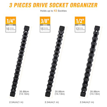 GOOACC Socket Organizer ABS Socket Holder Set 1/4" 3/8" 1/2" Drive Socket Rail Holders Stores up 43 Clips Impact Sockets Organizers Rails for Tool Box Drawer, 3 Piece Black - size: Clip Rail 3PC 1/4"3/8"1/2" Black