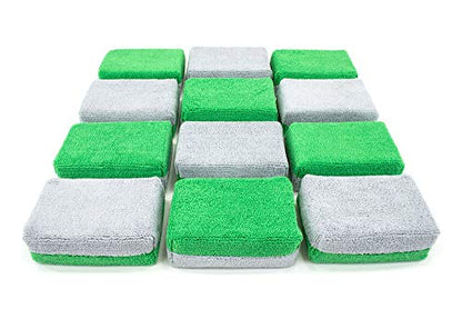 Autofiber Thick [Saver Applicator Terry] Ceramic Coating Applicator Sponge | 12 Pack | with Plastic Barrier to Reduce Product Waste. (Green/Gray) - color: Green/Gray