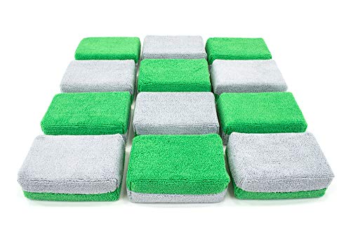 Autofiber Thick [Saver Applicator Terry] Ceramic Coating Applicator Sponge | 12 Pack | with Plastic Barrier to Reduce Product Waste. (Green/Gray) - color: Green/Gray