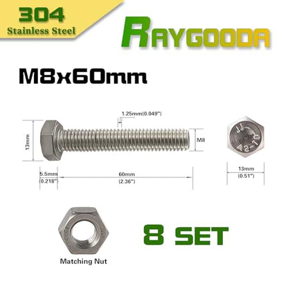 M8-1.25x60mm Hex Bolt and Nut Kit 8set, 304 Stainless Steel (A2-70), Full Thread, Bright Finish, Machine Threaded for Automotive, Machinery, DIY - size: M8x60mm(8 Sets）