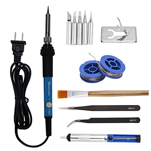 Electronics Soldering Iron Kit，60W 110V Adjustable Temperature Welding Tool Set, 5pcs Different Soldering Tips, Stand, Tweezers,Desoldering Pump,2pcs Solder Wire, Brush