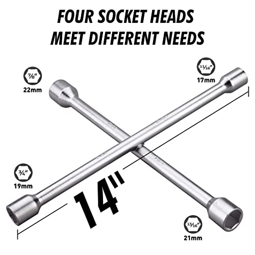 CARTMAN 14 Inch Heavy Duty 4 Way Universal Cross Lug Wrench Tire Iron | Built with sturdy thick steel structure, 4 integrated sockets sized 17/19mm & 21/22mm for effortless vehicle tire maintenance - size: 14" Chrome
