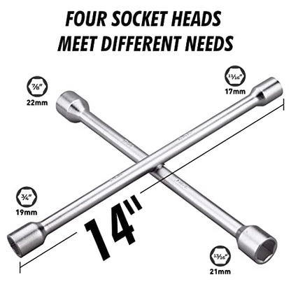 CARTMAN 14 Inch Heavy Duty 4 Way Universal Cross Lug Wrench Tire Iron | Built with sturdy thick steel structure, 4 integrated sockets sized 17/19mm & 21/22mm for effortless vehicle tire maintenance - size: 14" Chrome