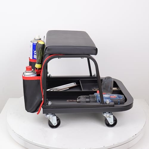 Rolling Mechanic Garage Stool on Wheels with Padded Cushion, Tool Tray Storage and Side Pockets, 300 LBS Capacity, Black - color: Black