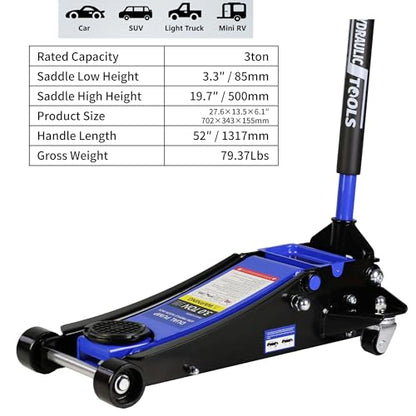 3 Ton Low Profile Floor Jack, Heavy Duty Steel Racing Floor Jack with Dual Pistons Quick Lift Pump, Lifting Range 3.3"-19.7", Hydraulic Jack Professional Car Jacks 3 Ton/6000 LBS Capacity Blue - color: Blue - 3 Ton(Dual Pump), Lift 3.3"-19.7"