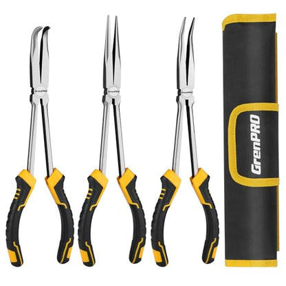 GRENPRO 3PC Needle Nose Pliers, Suitable for Use in Confined Spaces | Includes Straight Long Reach Pliers, CR-V Steel Needle Nose Plier, 45/90 Degree Bent Nose Pliers