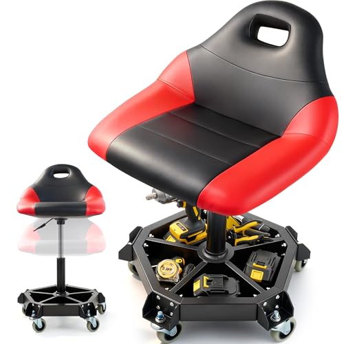 Rolling Shop Stool with Wheels, Garage Mechanic Stool with Backrest, Metal Heavy Duty Roller Mechanic Chair with Tool Tray, 5-Wheel Anti-tip Design,19.5"-26" Adjustable Height, 330 LBS Capacity