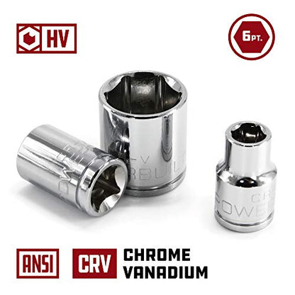 Powerbuilt 9-Piece 3/8-Inch Drive SAE Shallow Socket Set – 6-Point Chrome Vanadium Steel Sockets (3/8" to 7/8") with Chamfered Openings & Size Markings – Includes Storage Case – 641716 - size: SAE, style: 9pc