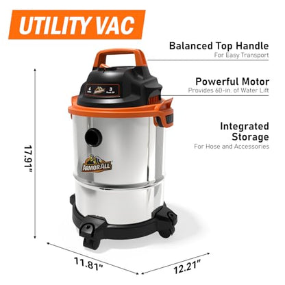 Armor All VOC408S 0901 4 Gallon 3 Peak HP Stainless Steel Wet/Dry Vacuum, Orange - size: 4-Gallon