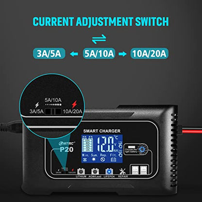 20Amp 12/24V Smart Car Battery Charger Fully Automatic Maintainer, Trickle Charger/Desulfator with Overcharge Protection & Temperature Compensation for LiFePO4 Lead Acid Lithium Batteries