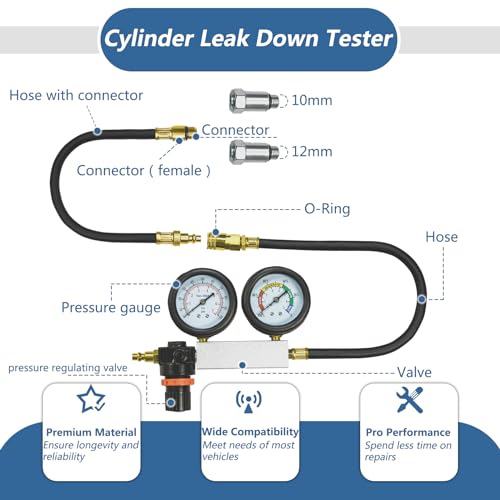 Cylinder Leak Down Tester Kit Compression Leakdown Detector Leakage Test Set for Gasoline Engine Leak Detection Tester Kit Dual Pressure Gauges - color: Blue