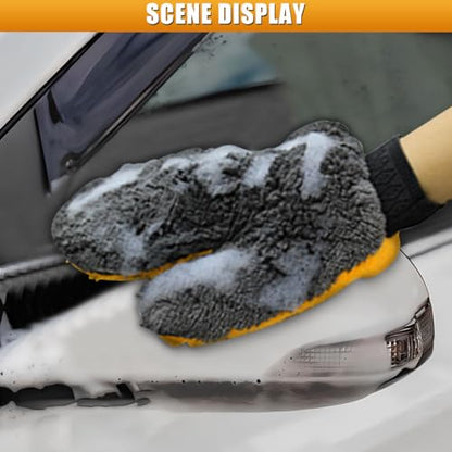2PCS Car Wash Mitt, Coral Fleece Microfiber Dusting Mitt with Thumb, No Scratch No Lint Cleaning Glove with Elastic Wrist Cuff, Reusable Car Washing and Detailing Supplies (Thumb)