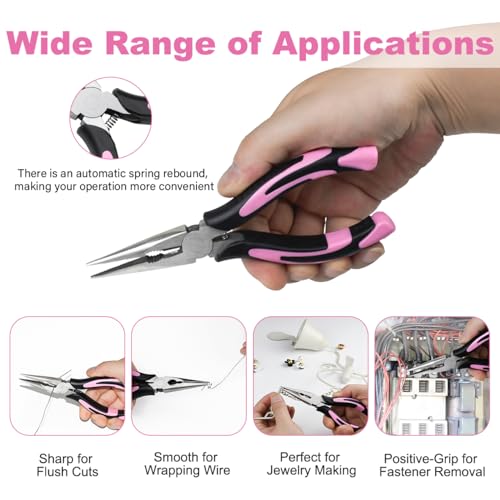 2pcs 6’’& 8’’ Needle Nose Pliers,Large Soft Grip with Wire Cutter | Pink,Paper Clamp Precision, Heavy-Duty CRV Steel, Long Nose Cutting Pliers for Home, Fishing, Jewelry, Crafts