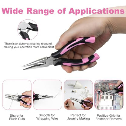 2pcs 6’’& 8’’ Needle Nose Pliers,Large Soft Grip with Wire Cutter | Pink,Paper Clamp Precision, Heavy-Duty CRV Steel, Long Nose Cutting Pliers for Home, Fishing, Jewelry, Crafts