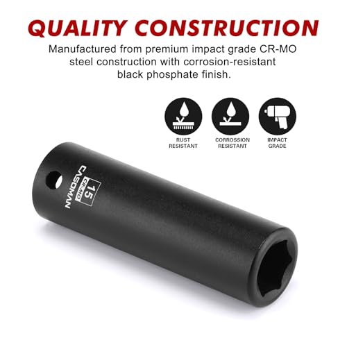CASOMAN 1/2" Drive x 15mm Deep Impact Socket, 6-Point, Metric, CR-MO - size: 15 mm (Deep), style: 6-Point Socket