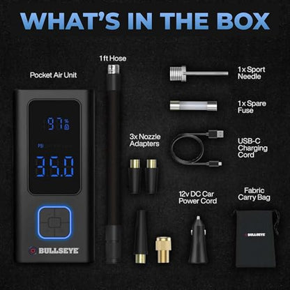 POCKET AIR PRO Tire Inflator Portable Air Compressor by Bullseye Pro for Tires, Balls, Inflatables, Auto Shut Off, Inflates in 2 Min, Cordless Rechargeable 6000 mAh,120 PSI, SoS Light for Emergencies - style: Pocket Air PRO