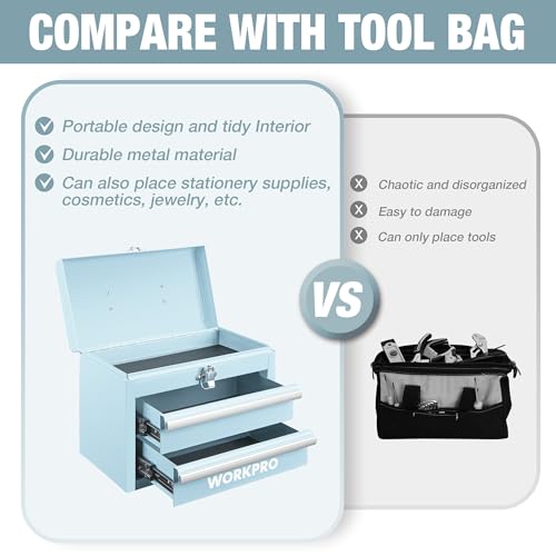 WORKPRO Portable Mini Tool Box, 2 Drawers Metal Tool Chest with Ball Bearing Slides, Top Storage with Latch, Ergonomic Carrying Handle, Mechanic Toolbox with PVC Liners and PP Feet Pads - color: Macaron Blue
