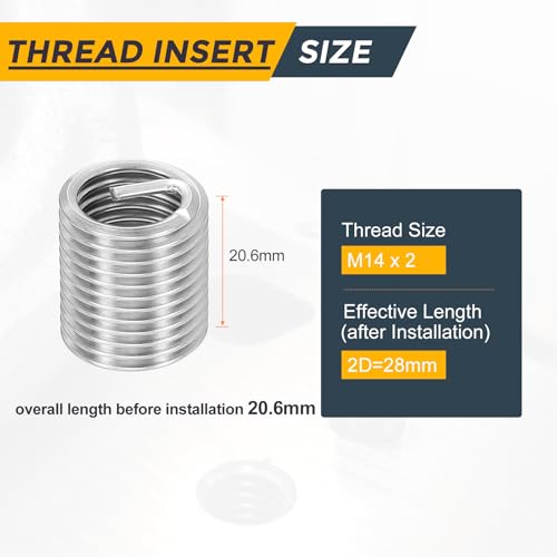 HARFINGTON 20pcs Wire Thread Repair Inserts M14 x 2 x 2D (28mm) Metric 304H Stainless Steel Helical Coiled Wire Screw Threaded Sleeve Sheath for Automotive Repairs - size: M14 x 2 x 2D