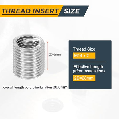 HARFINGTON 20pcs Wire Thread Repair Inserts M14 x 2 x 2D (28mm) Metric 304H Stainless Steel Helical Coiled Wire Screw Threaded Sleeve Sheath for Automotive Repairs - size: M14 x 2 x 2D
