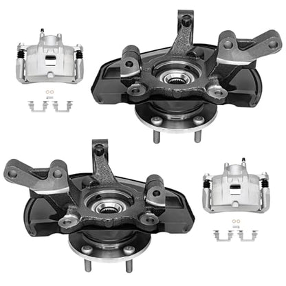 Detroit Axle - Front Steering Knuckles & Wheel Hub Bearings + Brake Calipers w/Bracket Kit Replacement for Jeep Patriot Compass Dodge Caliber - size: 4BU48612/Kit