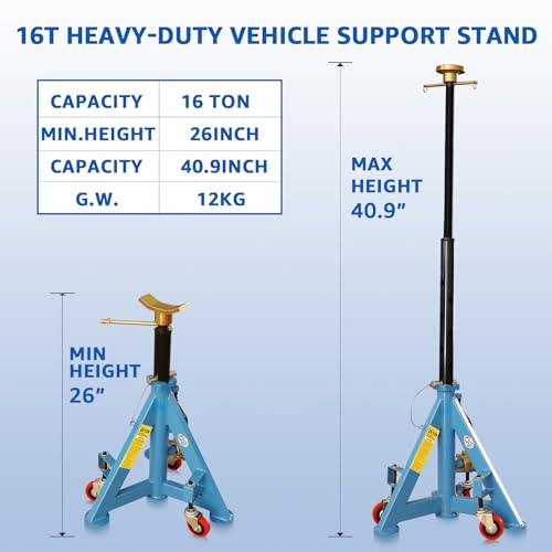 HKTE 16 Ton Heavy Duty Jack Stand with Wheels & Patented Handle, Dual Interchangeable Tops, 35,000 lbs Capacity, Adjustable Height (26"-40.9") for Trucks, Pickups, SUVs, Farm Vehicles, Auto Repair - color: JACK STANDS 35000LB