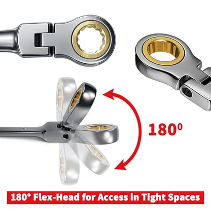 Professional Ratcheting Wrench Set,22-Piece SAE&Metric Combination Ratchet Wrenches 72-Tooth Reversible Mechanism,Premium Chrome Vanadium Steel Flex Head Wrench Set for Mechanics and Automotive Repair