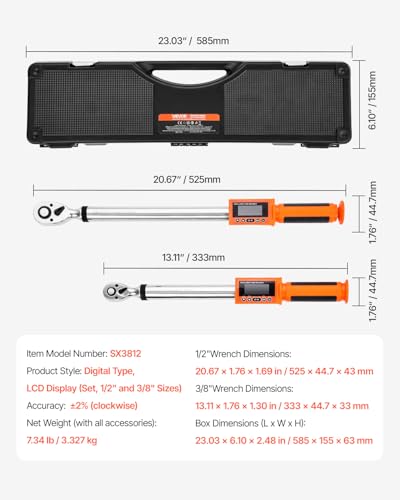 VEVOR Digital Torque Wrench 3/8 1/2 Inch Drive, 0-44.25FT.LB(0-60Nm)/0-162.26FT.LB(0-220Nm) ±2% Accuracy, Electronic Torque Wrench with Preset Mode,Vibration,Buzzer,LED Notification,5Units of Measure - size: 0-44.25FT.LB, 0-162.26FT.LB, style: 3/8 1/2-Inc