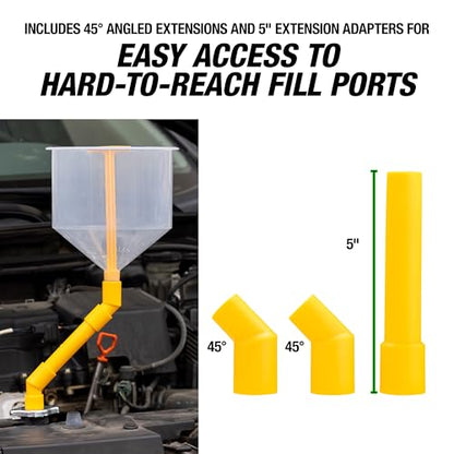 OEMTOOLS No-Spill Coolant Funnel Kit, 15 Piece Fluid and Oil Funnel Set, Allows Access To Hard-To-Reach Radiators | Allows Access To Hard-To-Reach Radiators, Includes 45° Angled and 5" Extension, Spill Free Funnel Kit Cooling System - style: 15 Piece