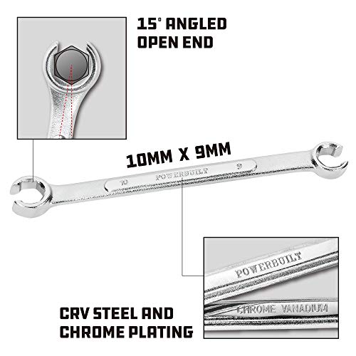 Powerbuilt 9 MM x 10 MM Metric Flare Nut Wrench, 6 Point Double Open Ends, For hose and brass fittings, For Brake Line Wrench, Chrome-Vanadium made - 644036 - style: 9mm x 10mm