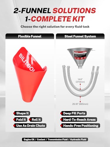 BILITOOLS 4pc Oil Funnel Kit, Flexible & Steel Bendable Oil Change Kit | Funnel For Automotive Use, Flexible Drain Funnel, 14.6"/26.2" Long Neck Hoses, Spill-Free Metal Bendable Spout Funnel Set