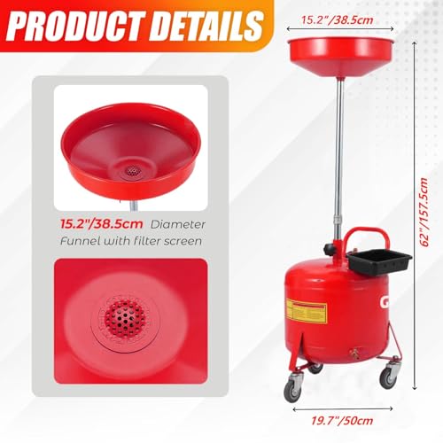 Garvee 8 Gallon Portable Waste Oil Drain Tank, Oil Lift Drain Pan Air Operated Drainer, Fluid Fuel Drainage Adjustable Funnel Height with Wheels | Air Operated Drainer, Fluid Fuel Drainage, Adjustable Funnel Height, Moved Flexibly with Wheels, Red - color