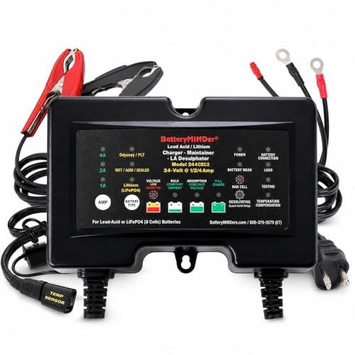 BatteryMINDer 244CEC2: 24V- 1/2/4 AMP Smart Trickle Charger, Lithium (LiFePO4) Battery Maintainer, and Battery Desulfator - Designed for Trucks, Boats, RV, Generators