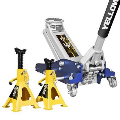 YELLOW JACKET 1.5 Ton Floor Jack Aluminum and Steel Lightweight Low Profile Car Jack 2 Ton Jack Stand with Double Locking and Large Foot Base