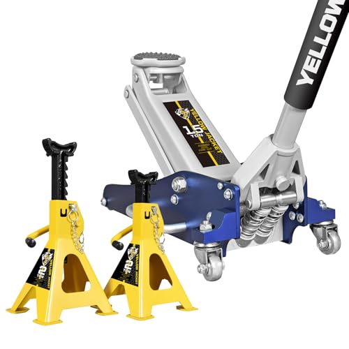 YELLOW JACKET 1.5 Ton Floor Jack Aluminum and Steel Lightweight Low Profile Car Jack 2 Ton Jack Stand with Double Locking and Large Foot Base