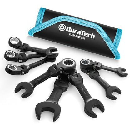 DURATECH Stubby Flex-head Ratcheting Combination Wrench Set, 8-piece, Metric, 9 to 17mm, CR-V Steel, Black Electrophoretic Coating, with Rolling Pouch - size: Metric