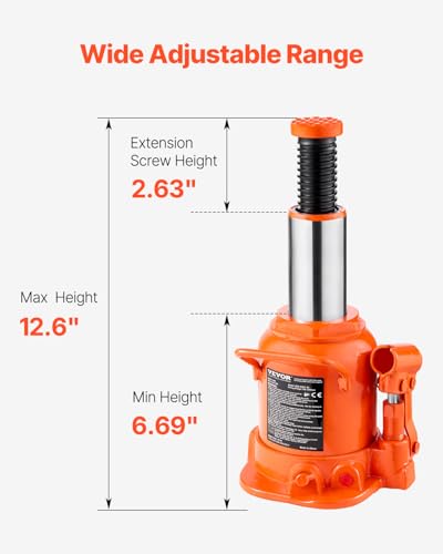 VEVOR Hydraulic Bottle Jack, 20 Ton/44092 lbs Low Profile Welded Bottle Jack with 6.69''-12.6'' Lifting Range & 3-Section Long Handle, for Car, Pickup, Truck, RV, Auto Repair, Industrial Engineering - style: 20T