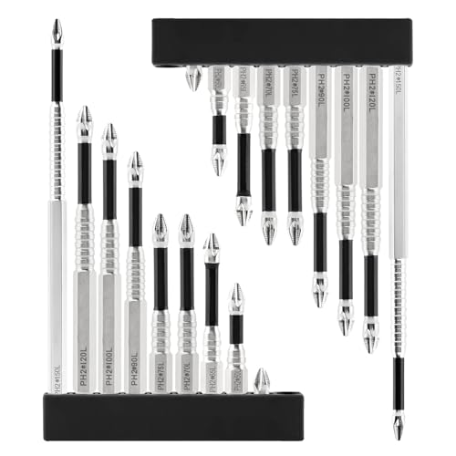 PH2 Magnetic Screwdriver Bit Set, 18 Pack Impact Rated Alloy Steel Non Slip Bits, 1/4 Inch Hex Shank, Strong Magnet Tip, 9 Lengths 25-150 mm (2 Each)