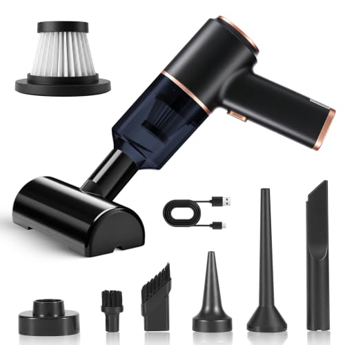 Handheld Car Vacuum Portable Cordless, 16000Pa Brushless Motor Vacuum Cleaner and Air Duster Type-C Rechargeable, 7-in-1 Cleaning Kit, Mini Hand Held Vacuum for Pet Hair, Car, Desk, Home(Black Gold)