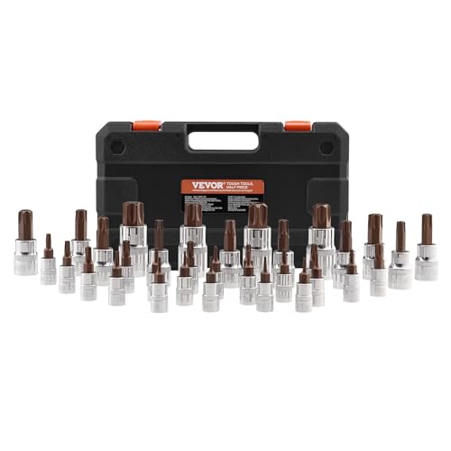 VEVOR Torx Bit Socket Set, 34-Piece Solid Star and Tamper Proof T6-T70, S2 Alloy Steel and Cr-V Steel, 1/4 in, 3/8 in, and 1/2 in Drives, with Enhanced Storage Case, Torx Sockets for Hand Use - style: 34 PCS Torx