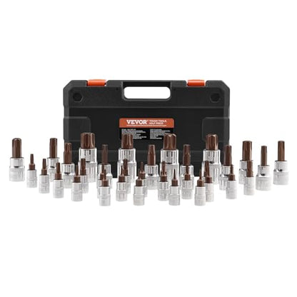 VEVOR Torx Bit Socket Set, 34-Piece Solid Star and Tamper Proof T6-T70, S2 Alloy Steel and Cr-V Steel, 1/4 in, 3/8 in, and 1/2 in Drives, with Enhanced Storage Case, Torx Sockets for Hand Use - style: 34 PCS Torx