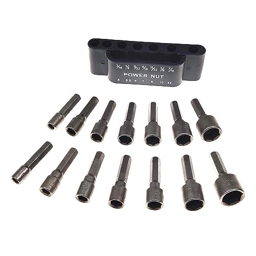 14-Piece Power Nut Driver Bit Set, Metric & SAE Socket Wrench Screw, 1/4" Hex Shank, Impact Tools Kit for Quick-Change Drill