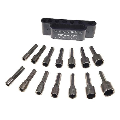 14-Piece Power Nut Driver Bit Set, Metric & SAE Socket Wrench Screw, 1/4" Hex Shank, Impact Tools Kit for Quick-Change Drill