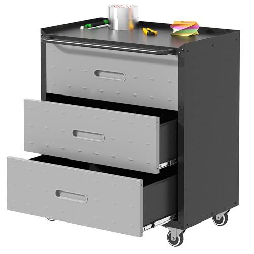 IKIMI 3 Drawer Mobile Tool Storage Cabinet,Heavy Duty Rolling Tool Chest for Garage Organization,Gray Metal Storage Cabinets on Wheels,Assembly Required - color: Black & Gray, style: 3 drawers