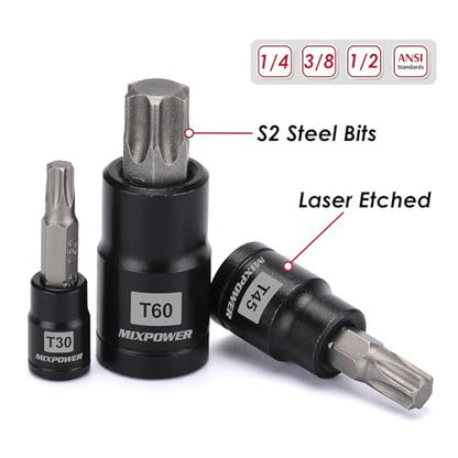 MIXPOWER 25 Piece Torx Bit and Socket Set, 13 Star Bits (T8- T60) & 12 E-Torx Sockets (E4-E22), Professional Grade Auto & Motorcycle Mechanic Set - size: T8-T60,E4-E22(25PCS)