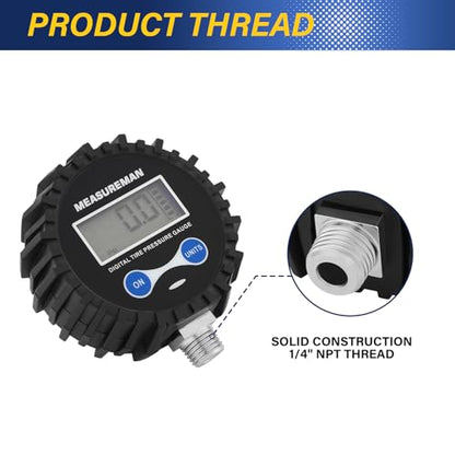 MEASUREMAN 2-1/2" Dial Size Digital Air Pressure Gauge with 1/4'' NPT Bottom Connector and Protective Boot, 0-250psi, Accuracy 1%, Battery Powered with LED Light Short Thread - size: Short thread, style: 0-250psi