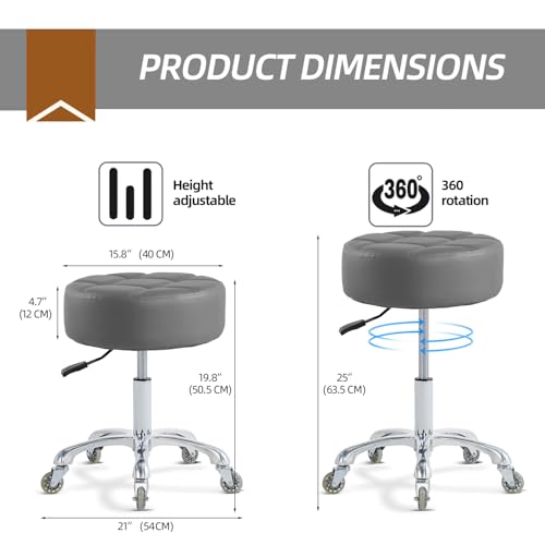Ainilaily Rolling Stool with Wheels Adjustable Height, Roller Stool for Massage Medical Tattoo Spa Heavy Duty Swivel Desk (Super Thick Cushion, Grey) - color: Grey