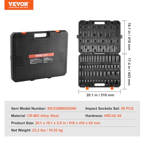 VEVOR Impact Socket Set 3/8" & 1/2" Socket Set 59PCS SAE 5/16" to 1-1/4" and Metric 6-32mm, 6 Point Cr-Mo Alloy Steel for Auto Repair, Easy-to-Read Markings, Rugged Construction, Storage Case - style: 1/2" & 3/8" 59PCS CR-MO